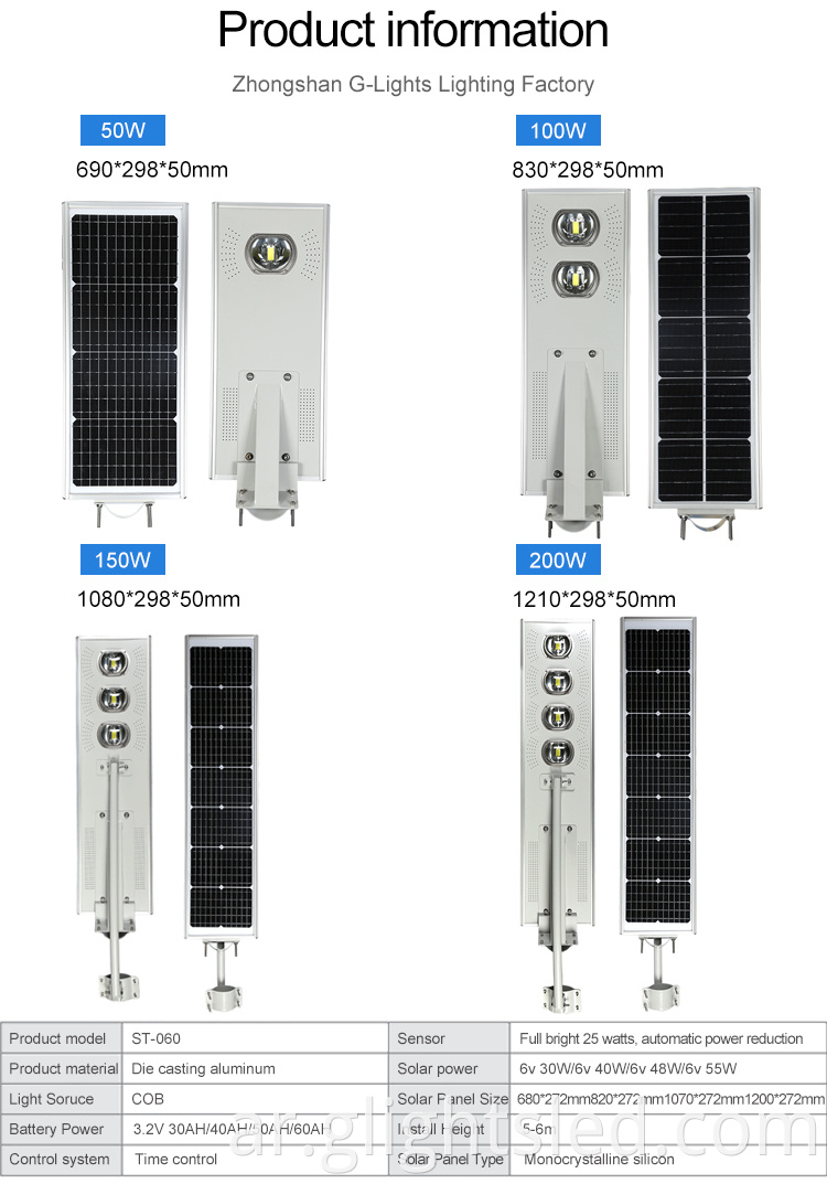 عالية السطوع من الألومنيوم IP65 مقاوم للماء 50W 100W 150W 200W COB متكامل الكل في واحد LED Solar Street Light